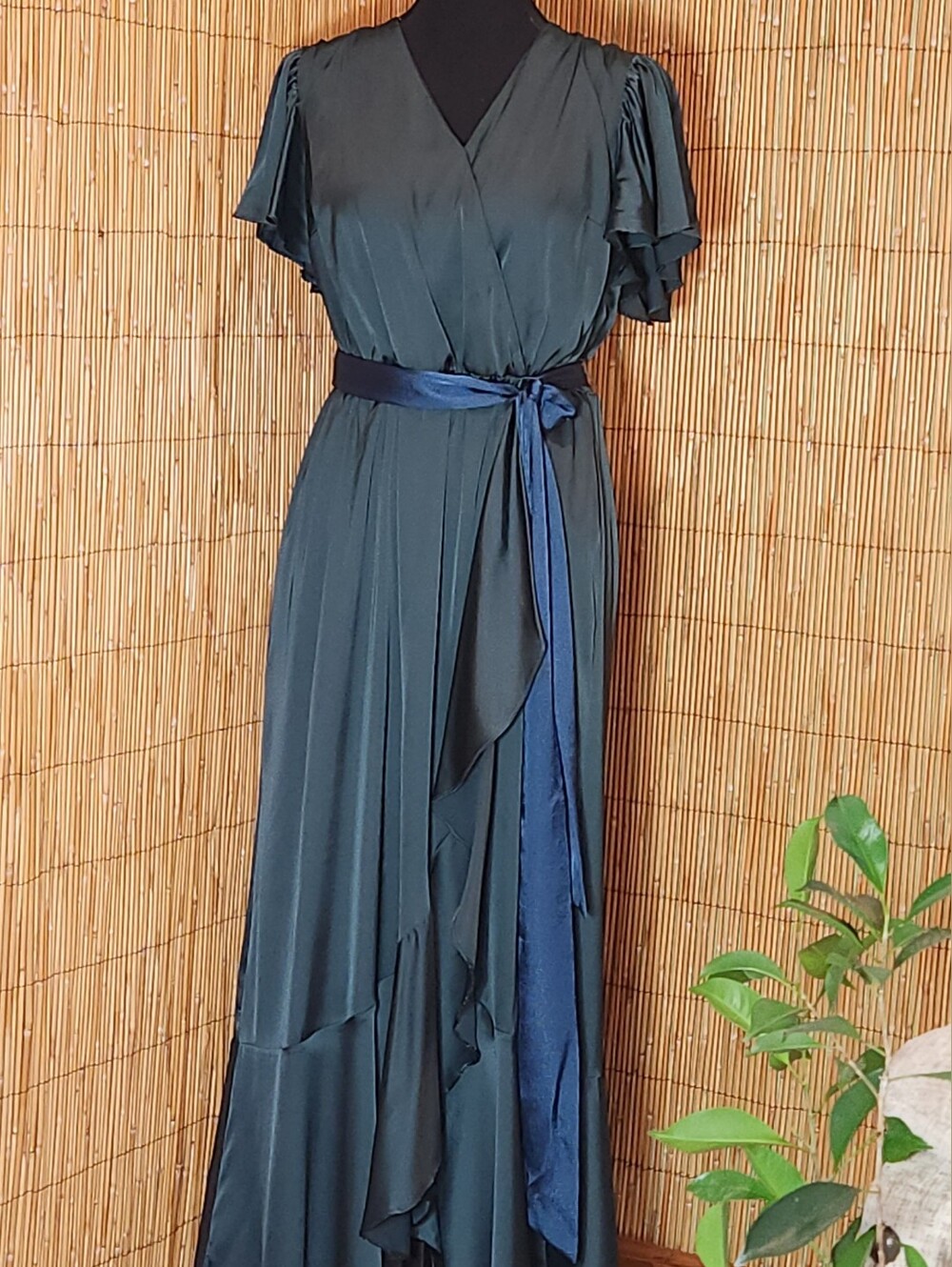 L. Satin Dark Teal Maxi Dress Blue Sash Assymetrical Ruffle Flutter Sleeve HOCO